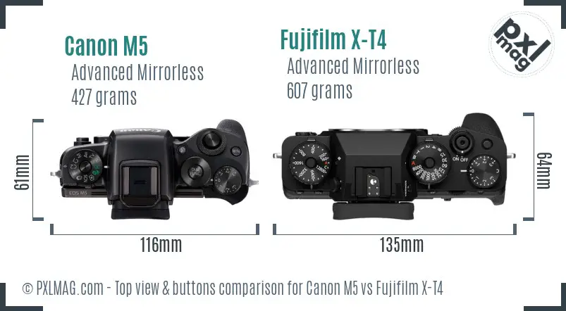 Canon M5 vs Fujifilm X-T4 top view buttons comparison