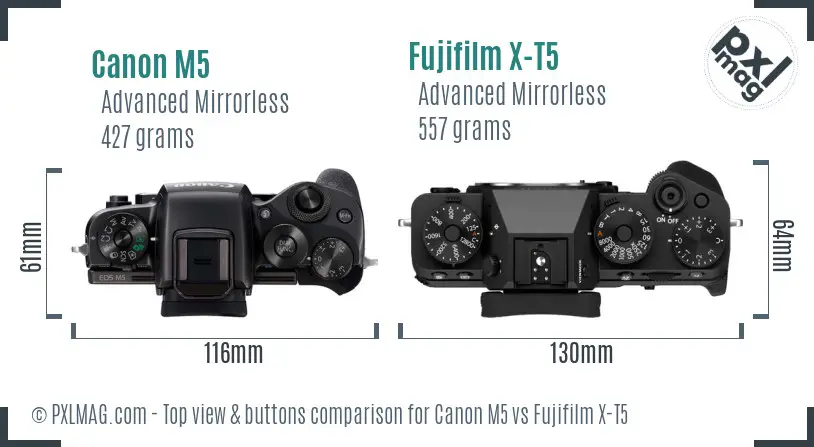 Canon M5 vs Fujifilm X-T5 top view buttons comparison