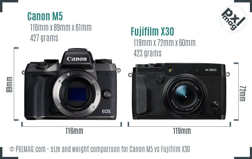 Canon M5 vs Fujifilm X30 size comparison
