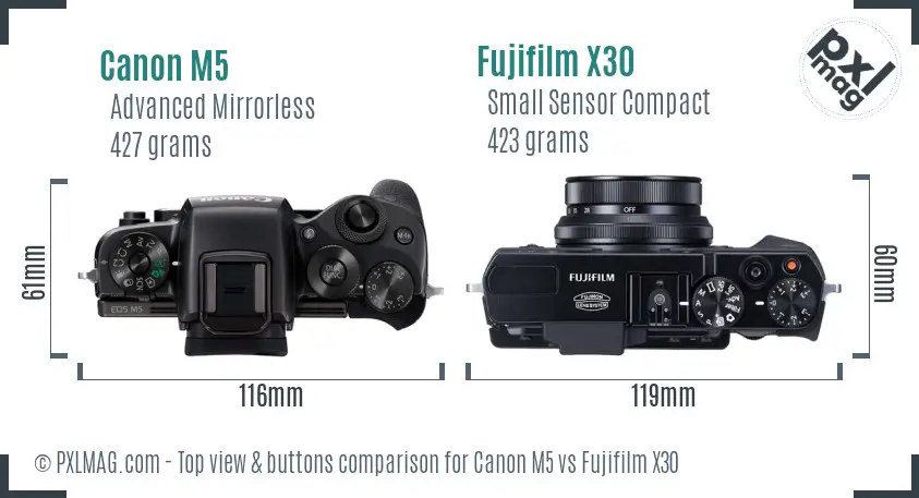 Canon M5 vs Fujifilm X30 top view buttons comparison