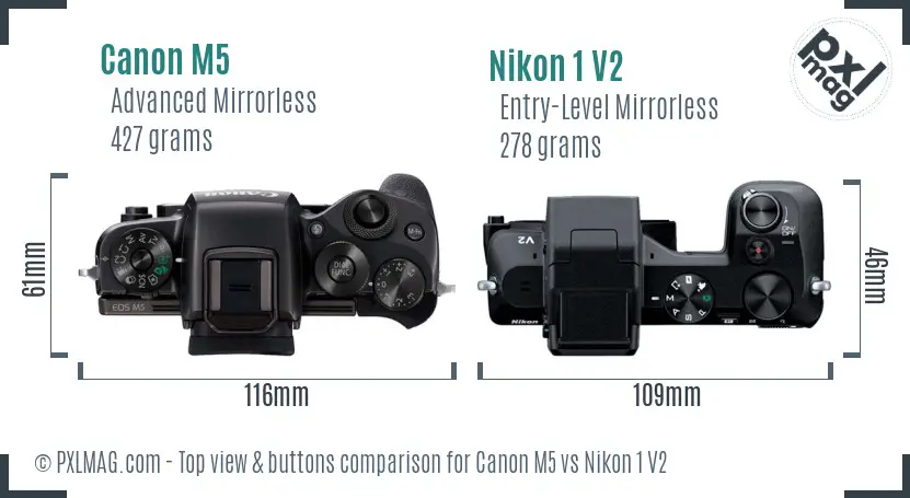 Canon M5 vs Nikon 1 V2 top view buttons comparison