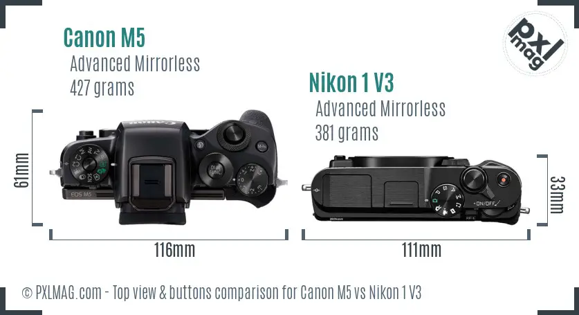 Canon M5 vs Nikon 1 V3 top view buttons comparison