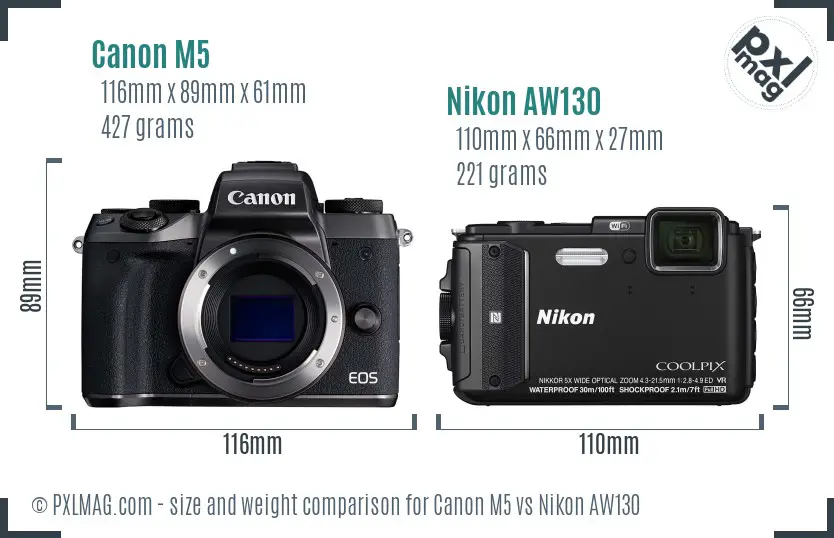 Canon M5 vs Nikon AW130 size comparison