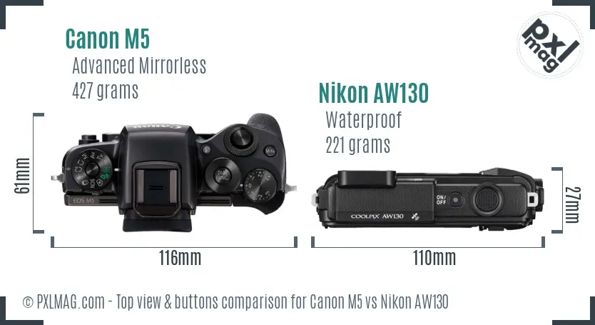 Canon M5 vs Nikon AW130 top view buttons comparison