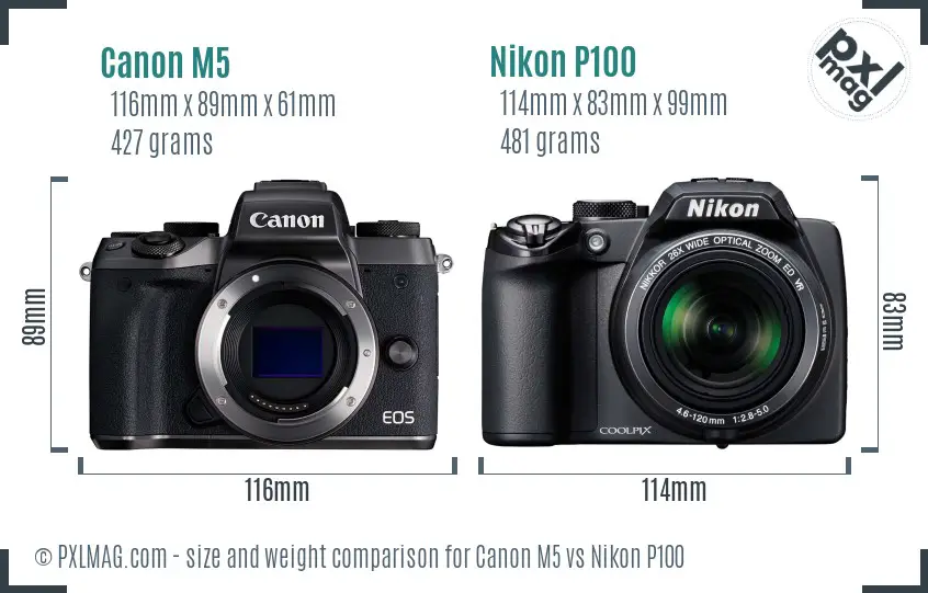 Canon M5 vs Nikon P100 size comparison