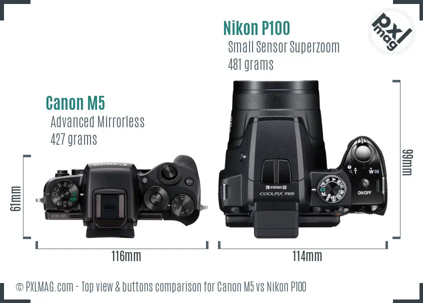 Canon M5 vs Nikon P100 top view buttons comparison