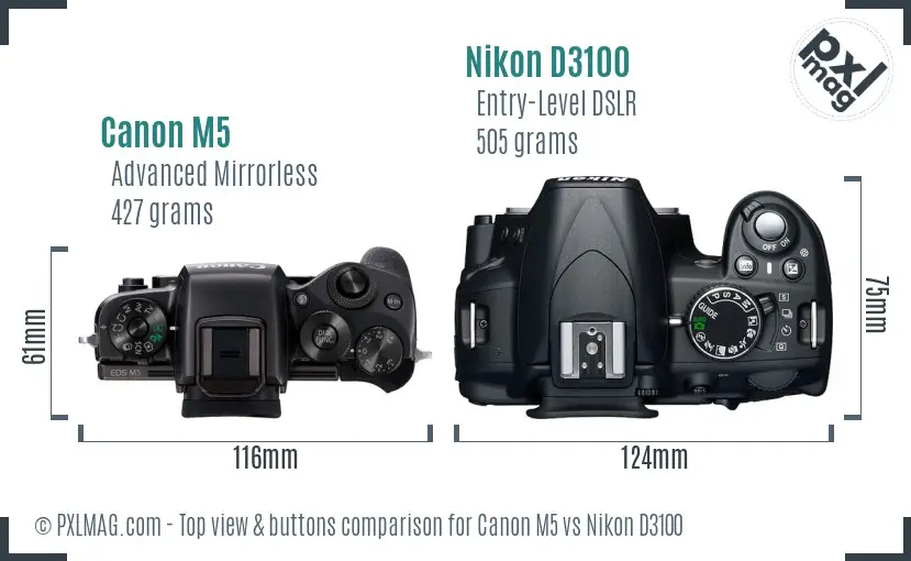 Canon M5 vs Nikon D3100 top view buttons comparison