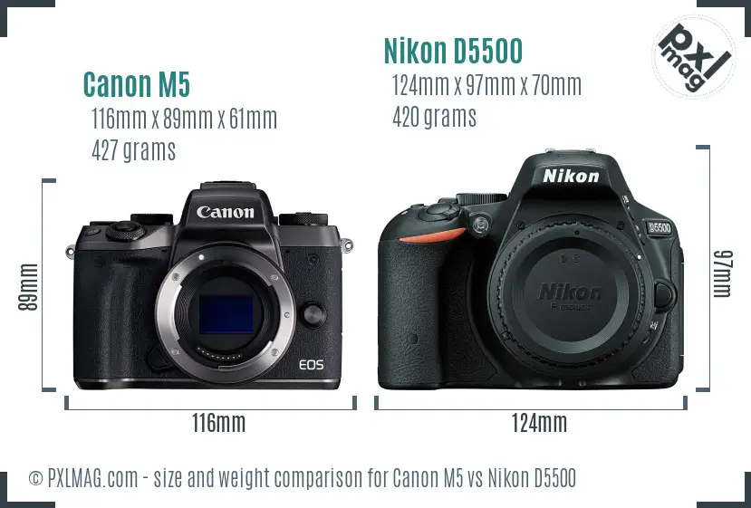 Canon M5 vs Nikon D5500 size comparison