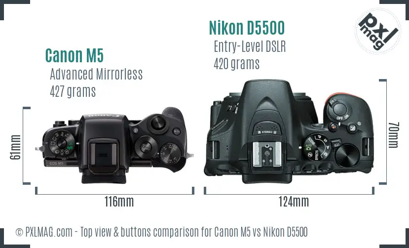 Canon M5 vs Nikon D5500 top view buttons comparison
