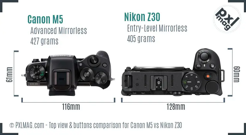 Canon M5 vs Nikon Z30 top view buttons comparison