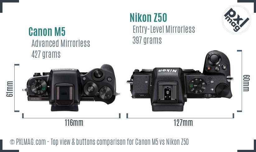 Canon M5 vs Nikon Z50 top view buttons comparison