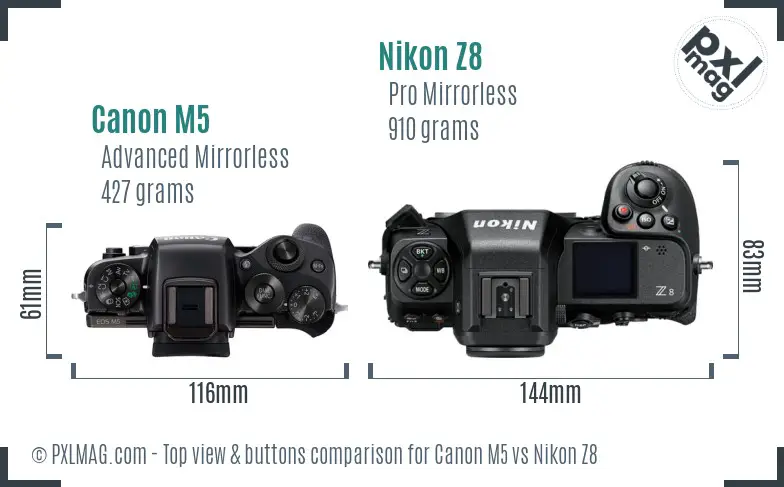 Canon M5 vs Nikon Z8 top view buttons comparison