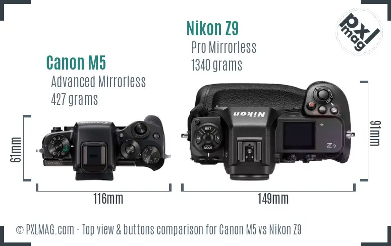 Canon M5 vs Nikon Z9 top view buttons comparison