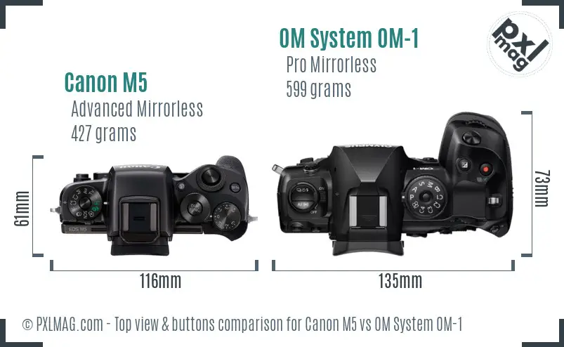 Canon M5 vs OM System OM-1 top view buttons comparison