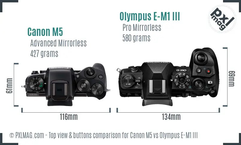 Canon M5 vs Olympus E-M1 III top view buttons comparison