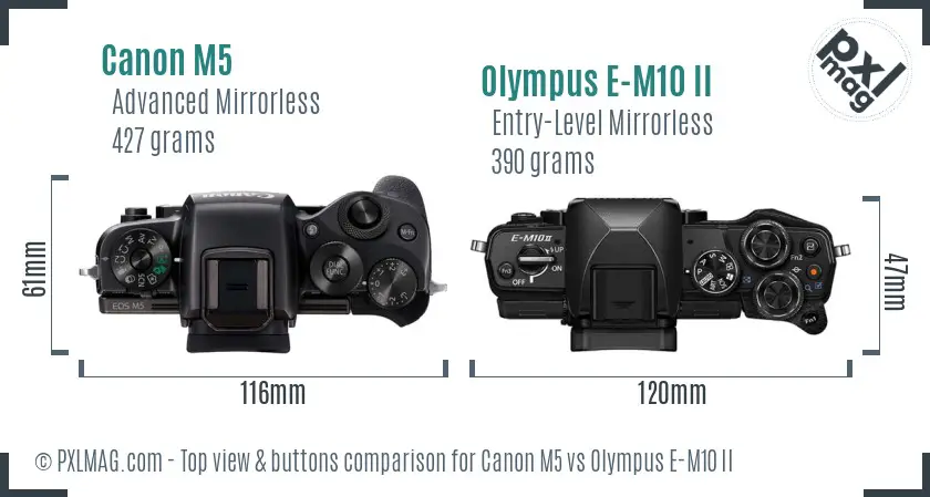 Canon M5 vs Olympus E-M10 II top view buttons comparison Canon M5 vs Olympus E-M10 II top view buttons comparison