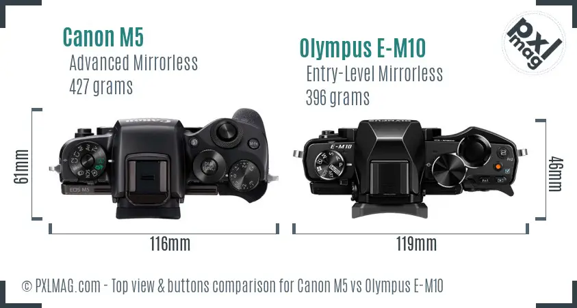 Canon M5 vs Olympus E-M10 top view buttons comparison