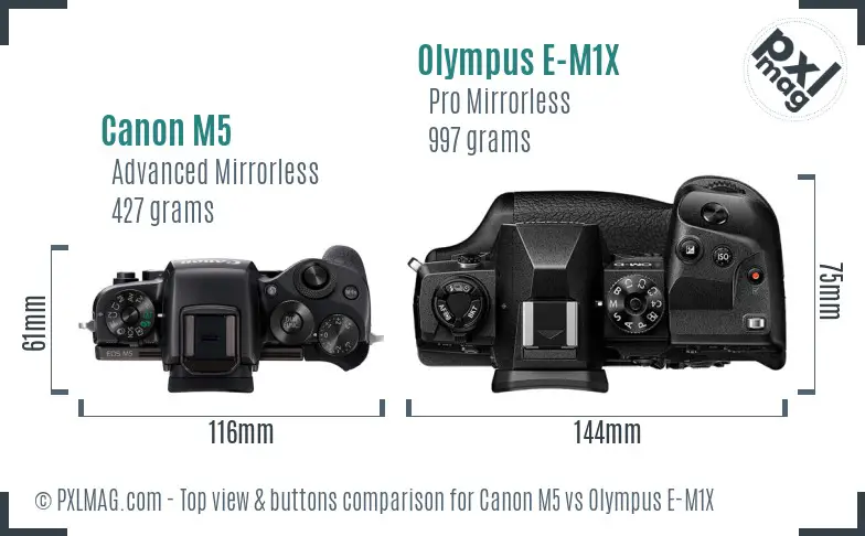 Canon M5 vs Olympus E-M1X top view buttons comparison