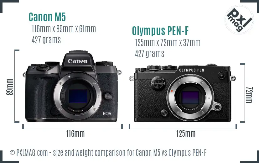 Canon M5 vs Olympus PEN-F size comparison