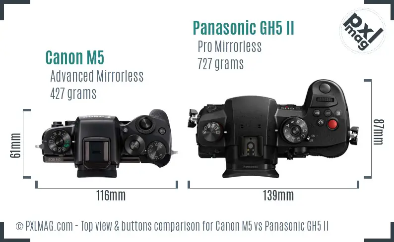 Canon M5 vs Panasonic GH5 II top view buttons comparison