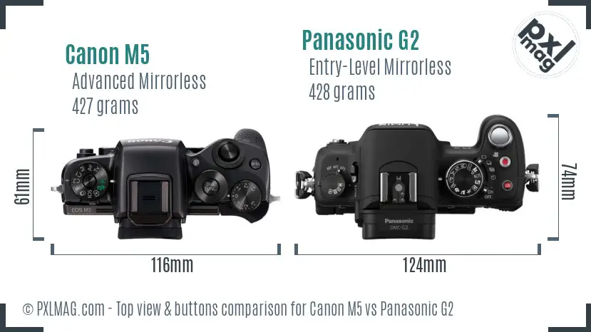 Canon M5 vs Panasonic G2 top view buttons comparison