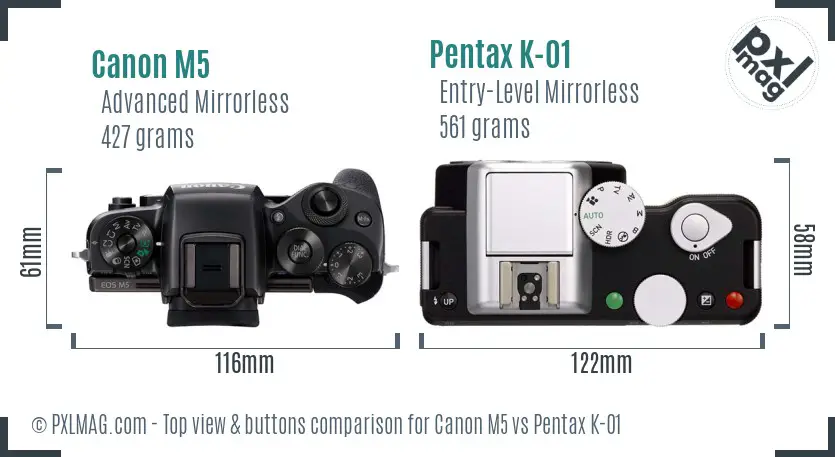 Canon M5 vs Pentax K-01 top view buttons comparison
