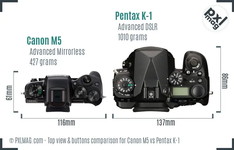 Canon M5 vs Pentax K-1 top view buttons comparison