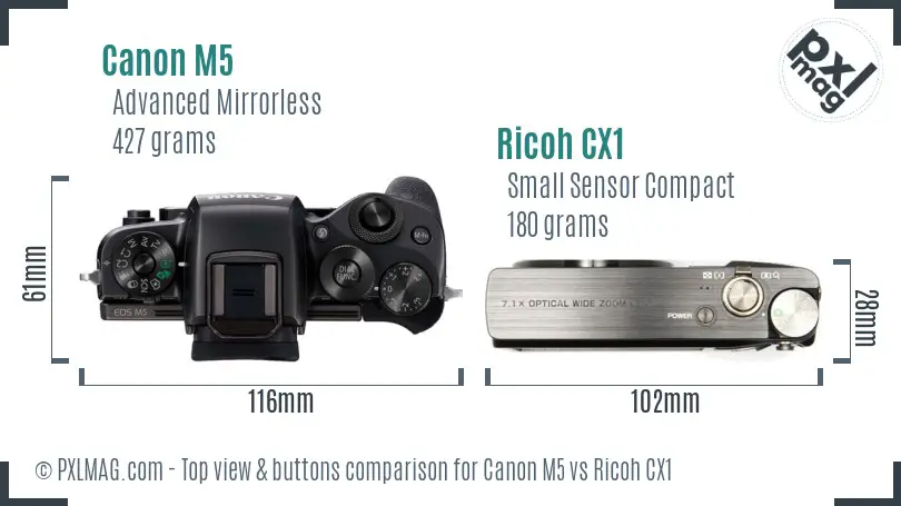 Canon M5 vs Ricoh CX1 top view buttons comparison