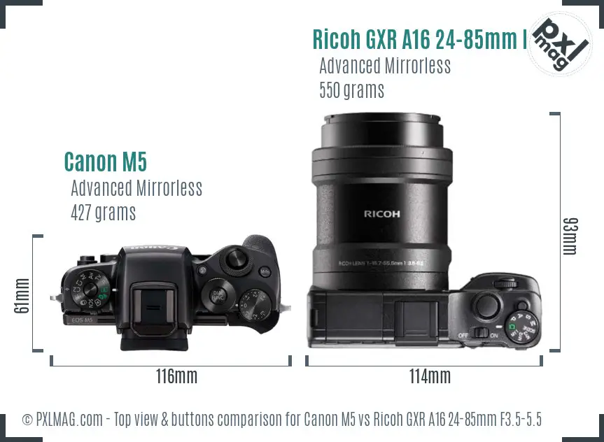 Canon M5 vs Ricoh GXR A16 24-85mm F3.5-5.5 top view buttons comparison