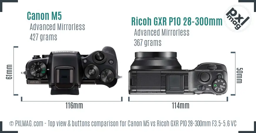 Canon M5 vs Ricoh GXR P10 28-300mm F3.5-5.6 VC top view buttons comparison