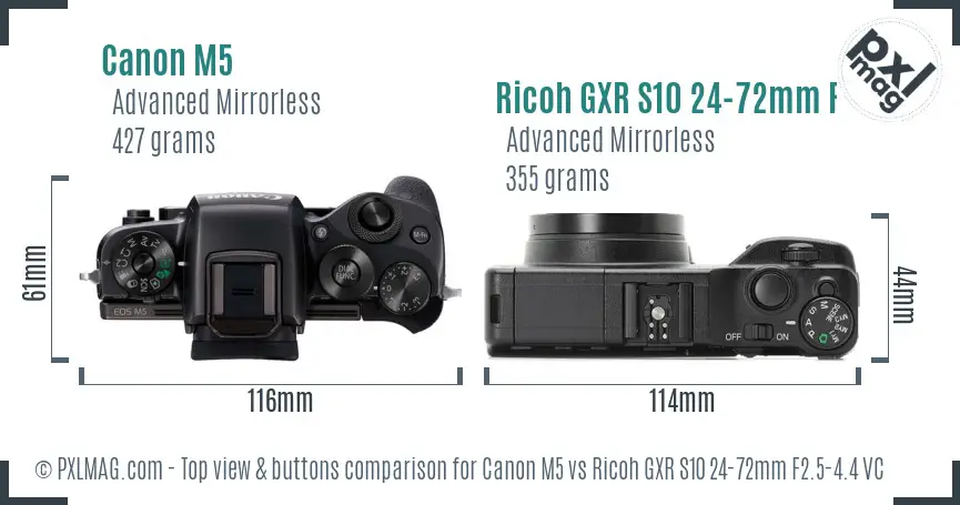 Canon M5 vs Ricoh GXR S10 24-72mm F2.5-4.4 VC top view buttons comparison