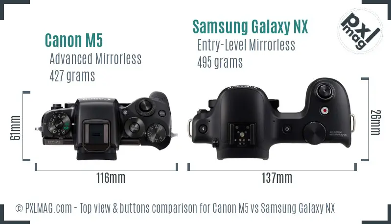 Canon M5 vs Samsung Galaxy NX top view buttons comparison