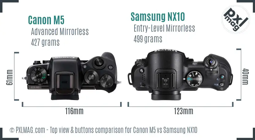 Canon M5 vs Samsung NX10 top view buttons comparison