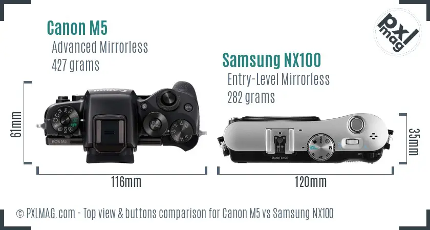 Canon M5 vs Samsung NX100 top view buttons comparison
