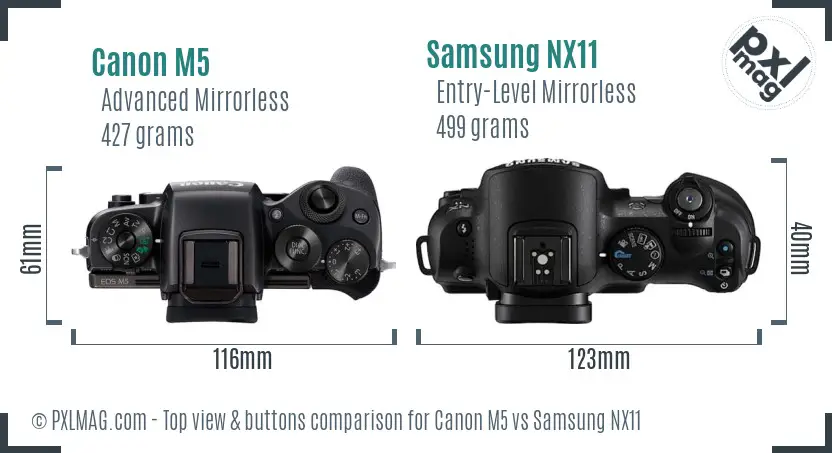 Canon M5 vs Samsung NX11 top view buttons comparison Canon M5 vs Samsung NX11 top view buttons comparison