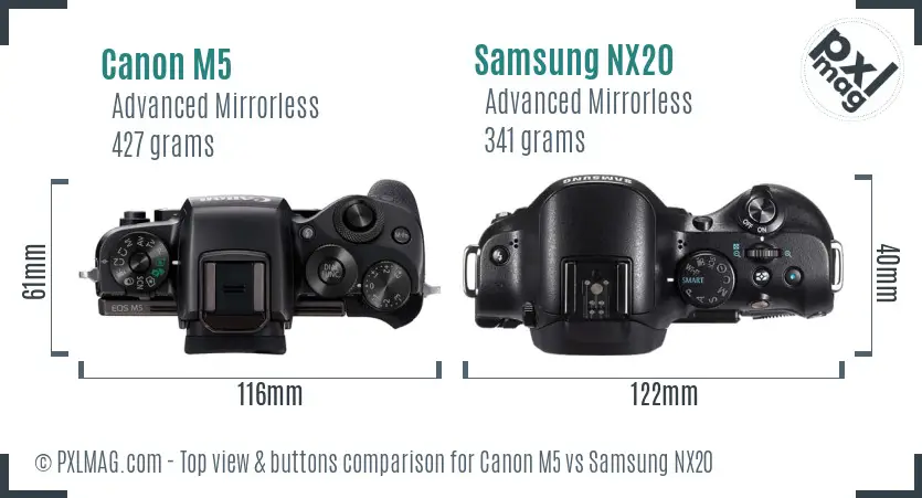 Canon M5 vs Samsung NX20 top view buttons comparison
