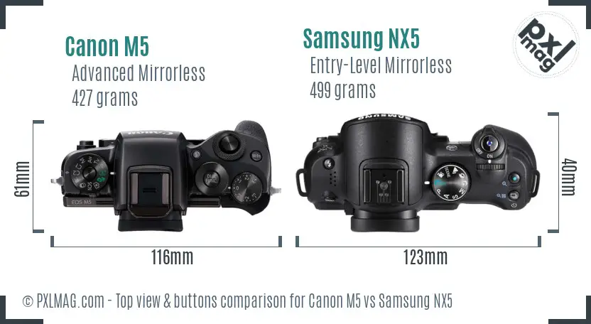 Canon M5 vs Samsung NX5 top view buttons comparison