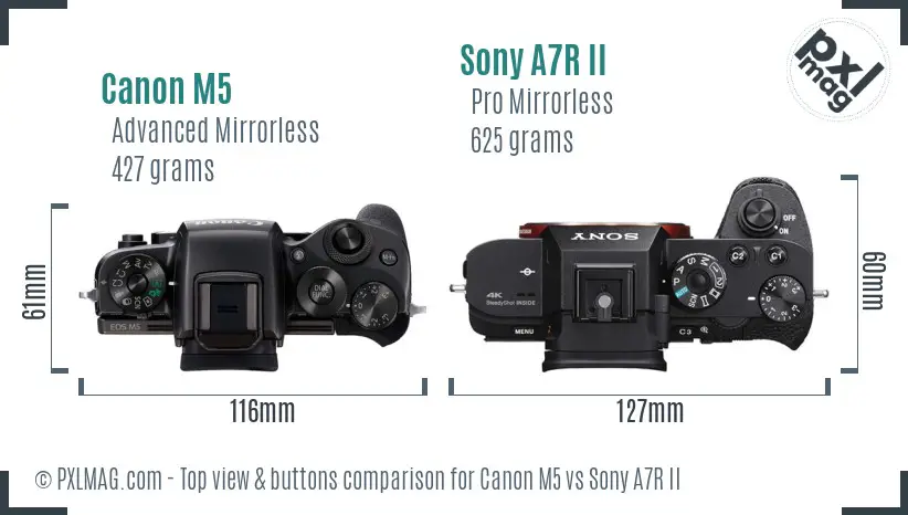 Canon M5 vs Sony A7R II top view buttons comparison