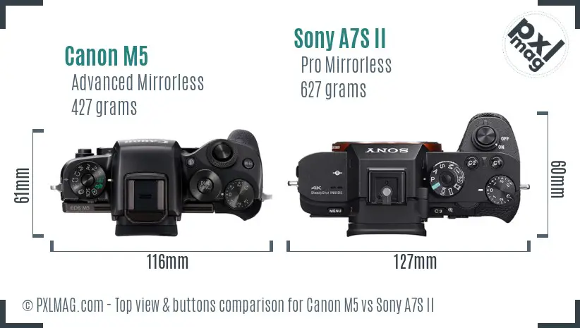 Canon M5 vs Sony A7S II top view buttons comparison