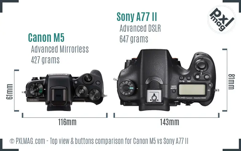 Canon M5 vs Sony A77 II top view buttons comparison