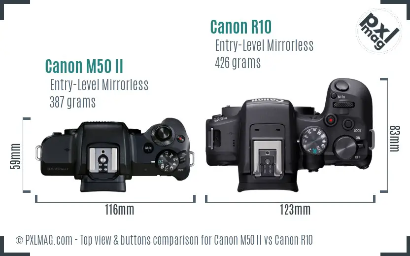 Canon M50 II vs Canon R10 top view buttons comparison