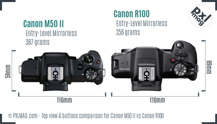 Canon M50 II vs Canon R100 top view buttons comparison