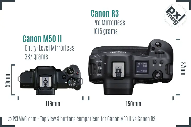 Canon M50 II vs Canon R3 top view buttons comparison