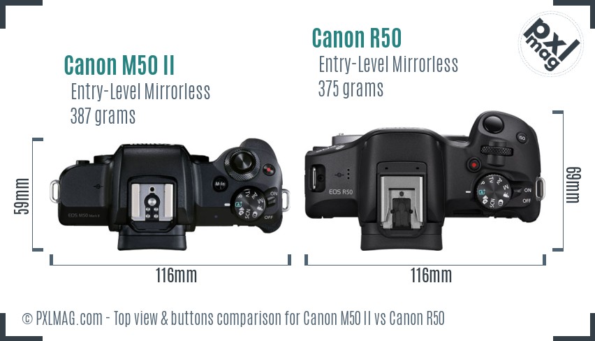 Canon M50 II vs Canon R50 top view buttons comparison