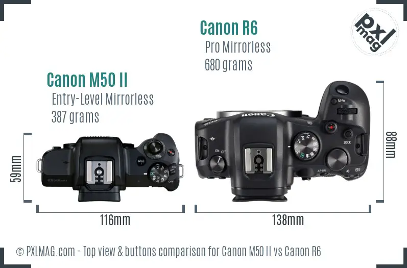 Canon M50 II vs Canon R6 top view buttons comparison
