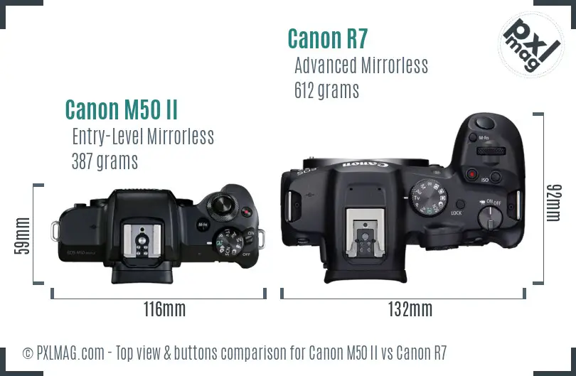 Canon M50 II vs Canon R7 top view buttons comparison