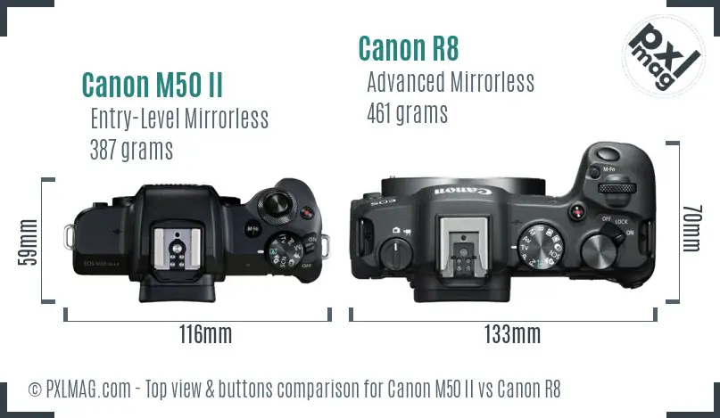 Canon M50 II vs Canon R8 top view buttons comparison