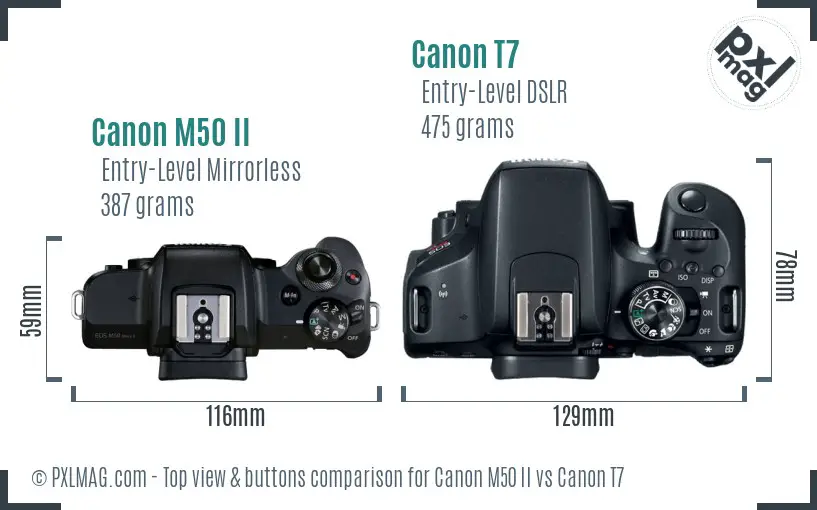 Canon M50 II vs Canon T7 top view buttons comparison