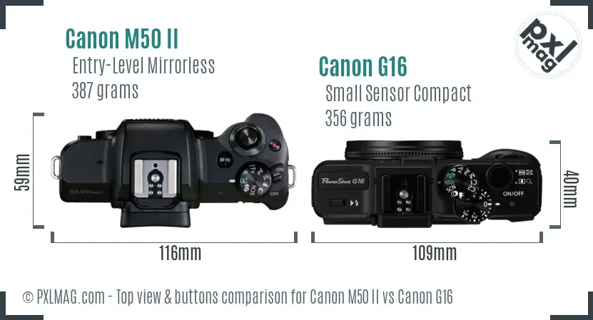Canon M50 II vs Canon G16 top view buttons comparison Canon M50 II vs Canon G16 top view buttons comparison