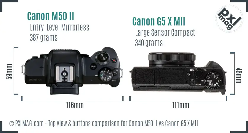 Canon M50 II vs Canon G5 X MII top view buttons comparison Canon M50 II vs Canon G5 X MII top view buttons comparison